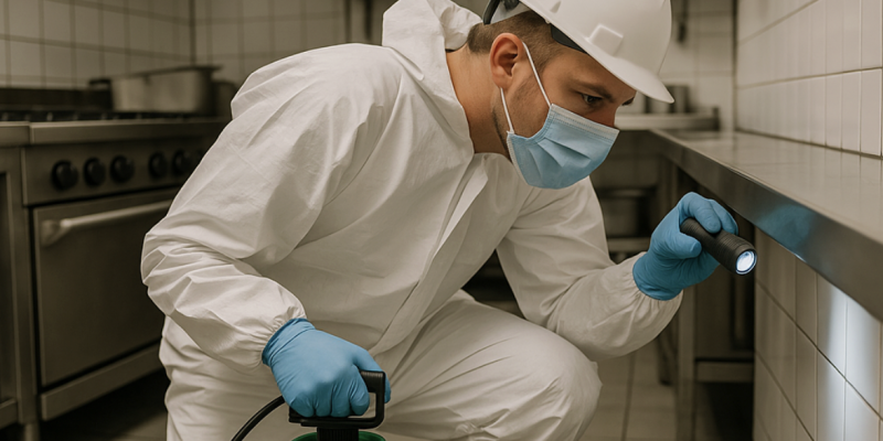 Pest control technician checking kitchen for pests