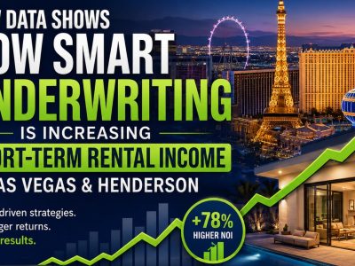 Data analytics dashboard showing short-term rental market performance metrics and underwriting analysis for Southern Nevada properties