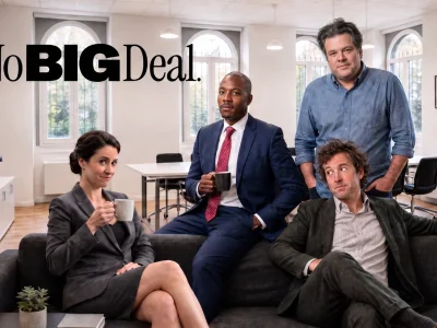 Cast of the British sitcom No Big Deal in the offices of fictional investment firm Janus