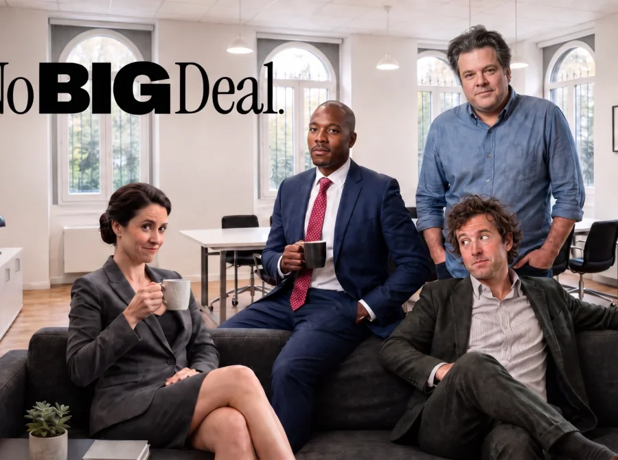 Cast of the British sitcom No Big Deal in the offices of fictional investment firm Janus
