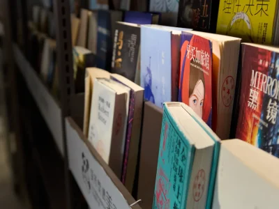 Books neatly arranged on a library shelf, showcasing a variety of genres and languages