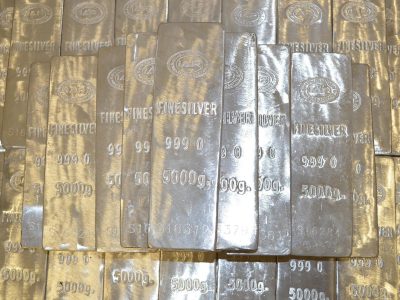 Stacked fine silver bars stamped 999.0 and 5000g