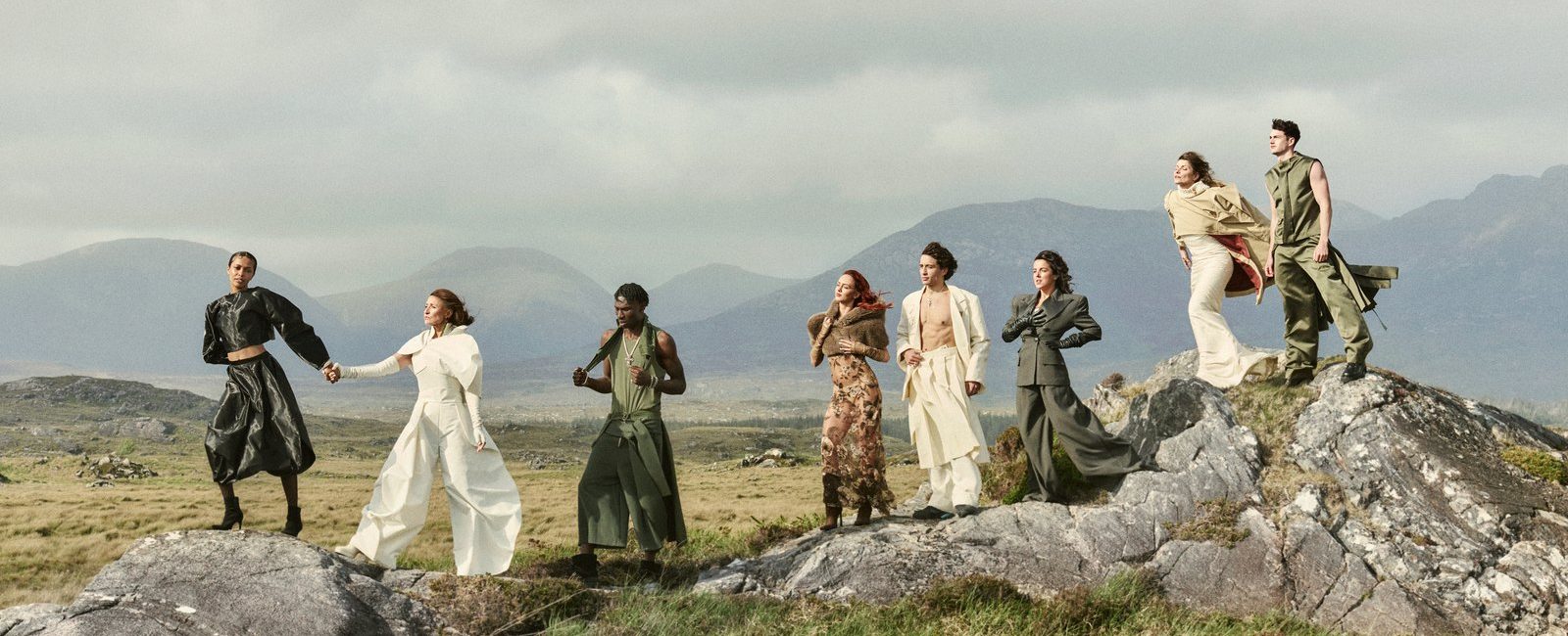 Music And Sport Names Front Ireland Fashion Week 2026 Campaign By Damian Foxe: the Ireland Fashion Week 2026 Coming Home campaign cast on the rocks at Roundstone, Connemara, photographed by Damian Foxe